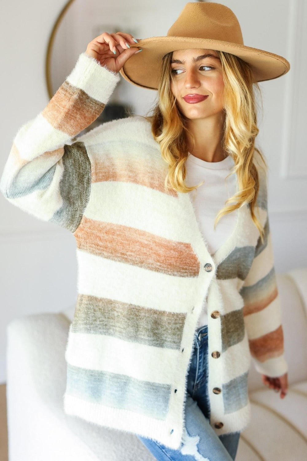 Haptics Full Size Button Down Stripe Soft Fuzzy Sweater Cardigan  Trendsi Ivory/Rust/Olive S 