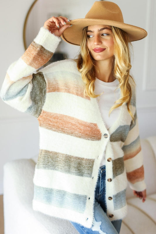 Haptics Full Size Button Down Stripe Soft Fuzzy Sweater Cardigan  Trendsi Ivory/Rust/Olive S 