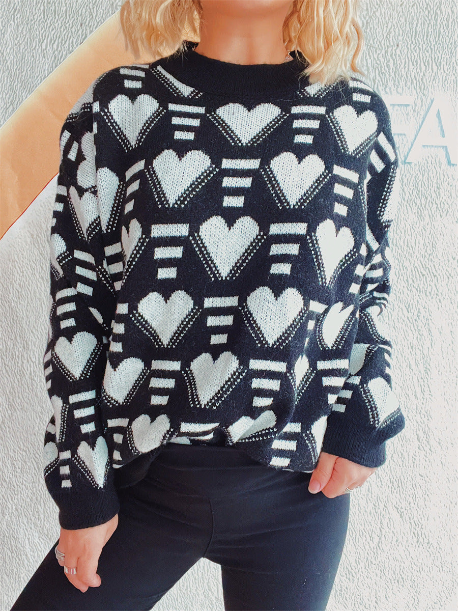 Heart Contrast Long Sleeve Dropped Shoulder Sweater  Trendsi   