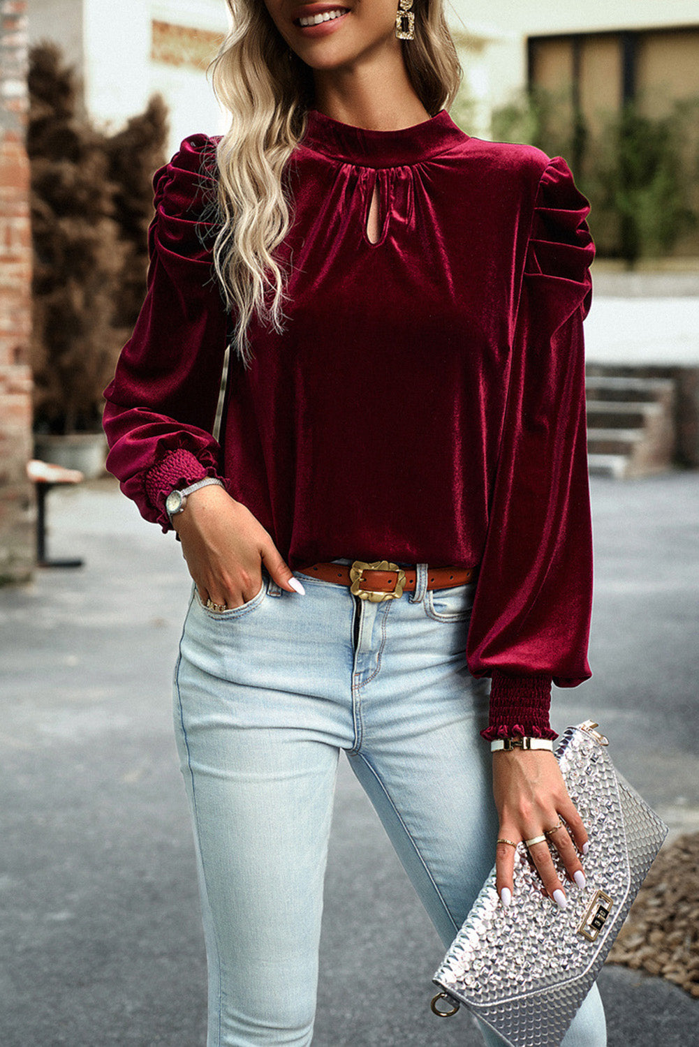 Tie Up Mock Neck Velvet Fabric Long Sleeve Blouse Blouse Trendsi Burgundy S 