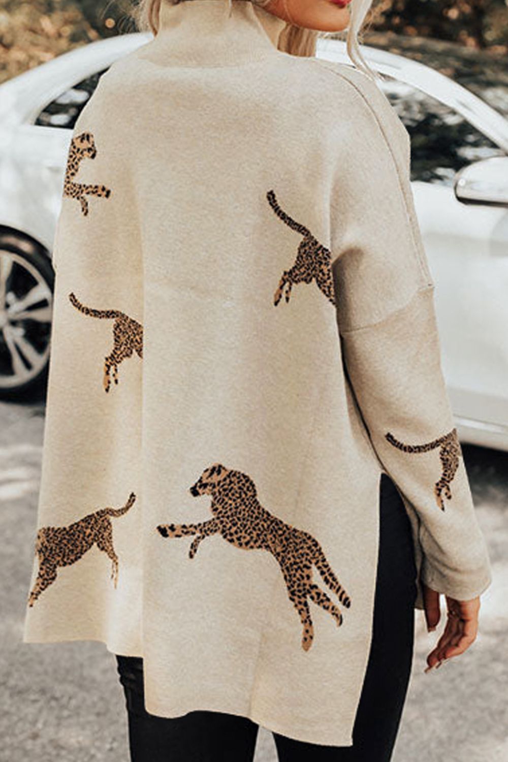 Animal Pattern Mock Neck Long Sleeve Slit Sweater  Trendsi   