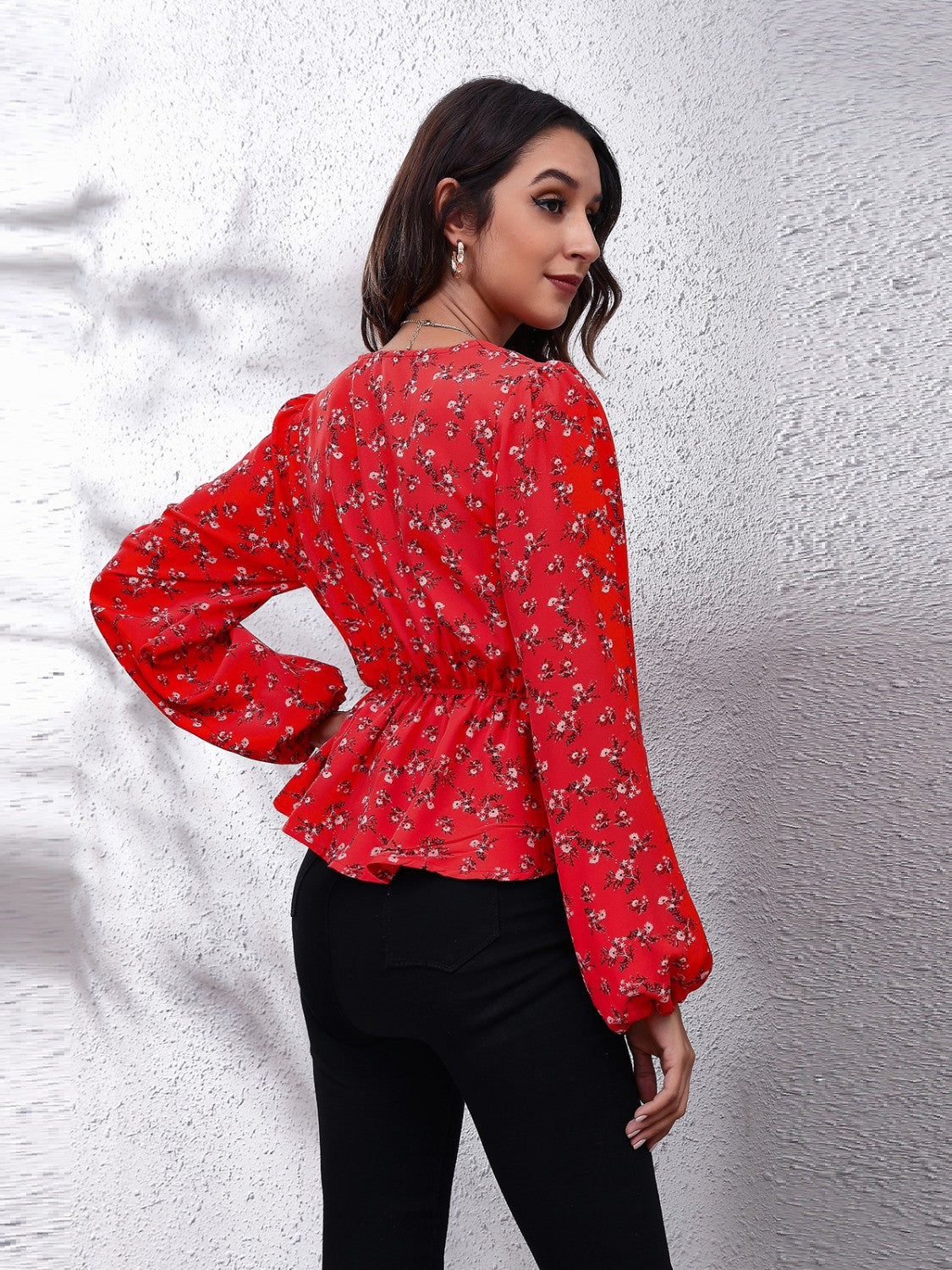 Floral V-Neck Balloon Sleeve Peplum Blouse Blouse Trendsi   