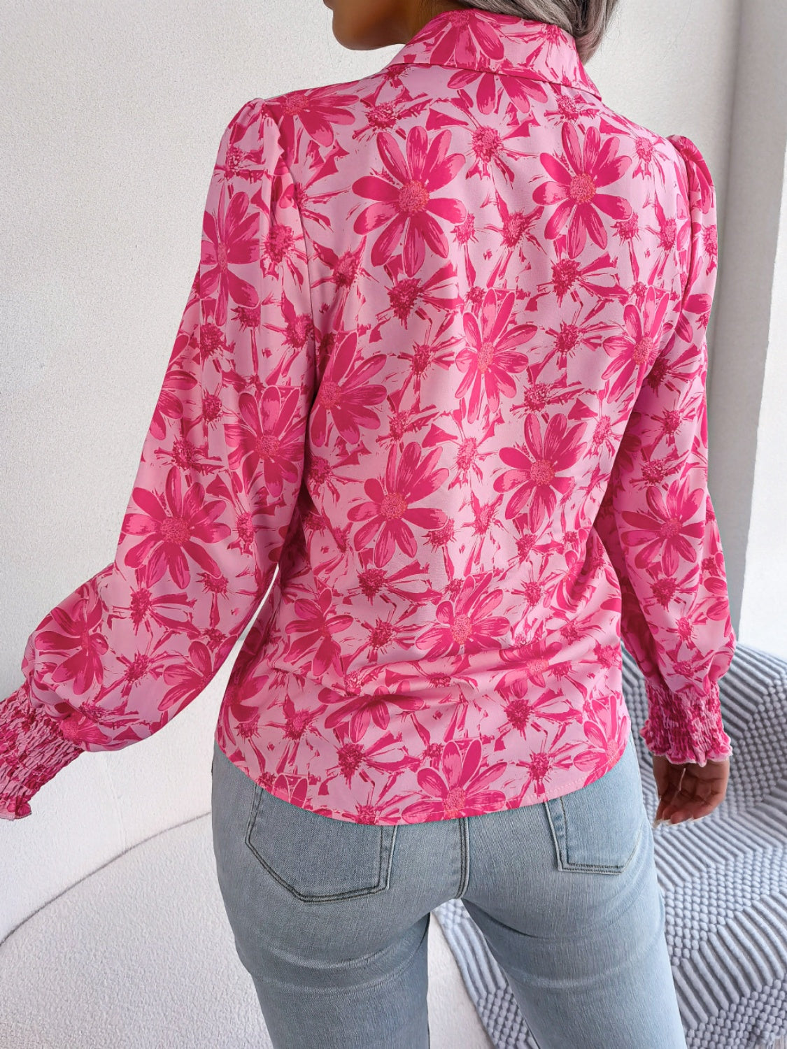 Floral Collared Neck Long Sleeve Shirt Blouse Trendsi   