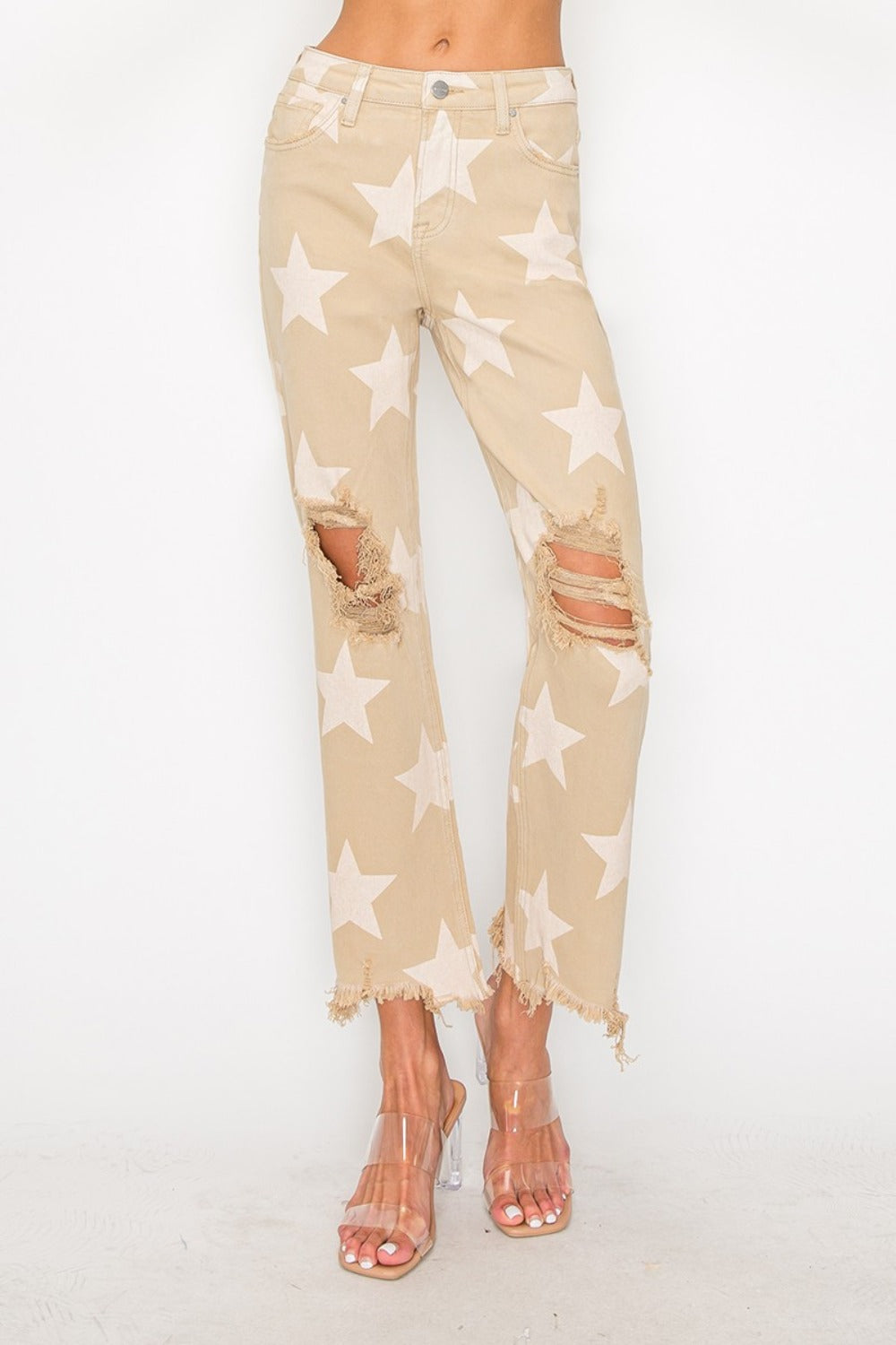 RISEN Full Size High Rise Star Printed Frayed Hem Jeans  Trendsi   