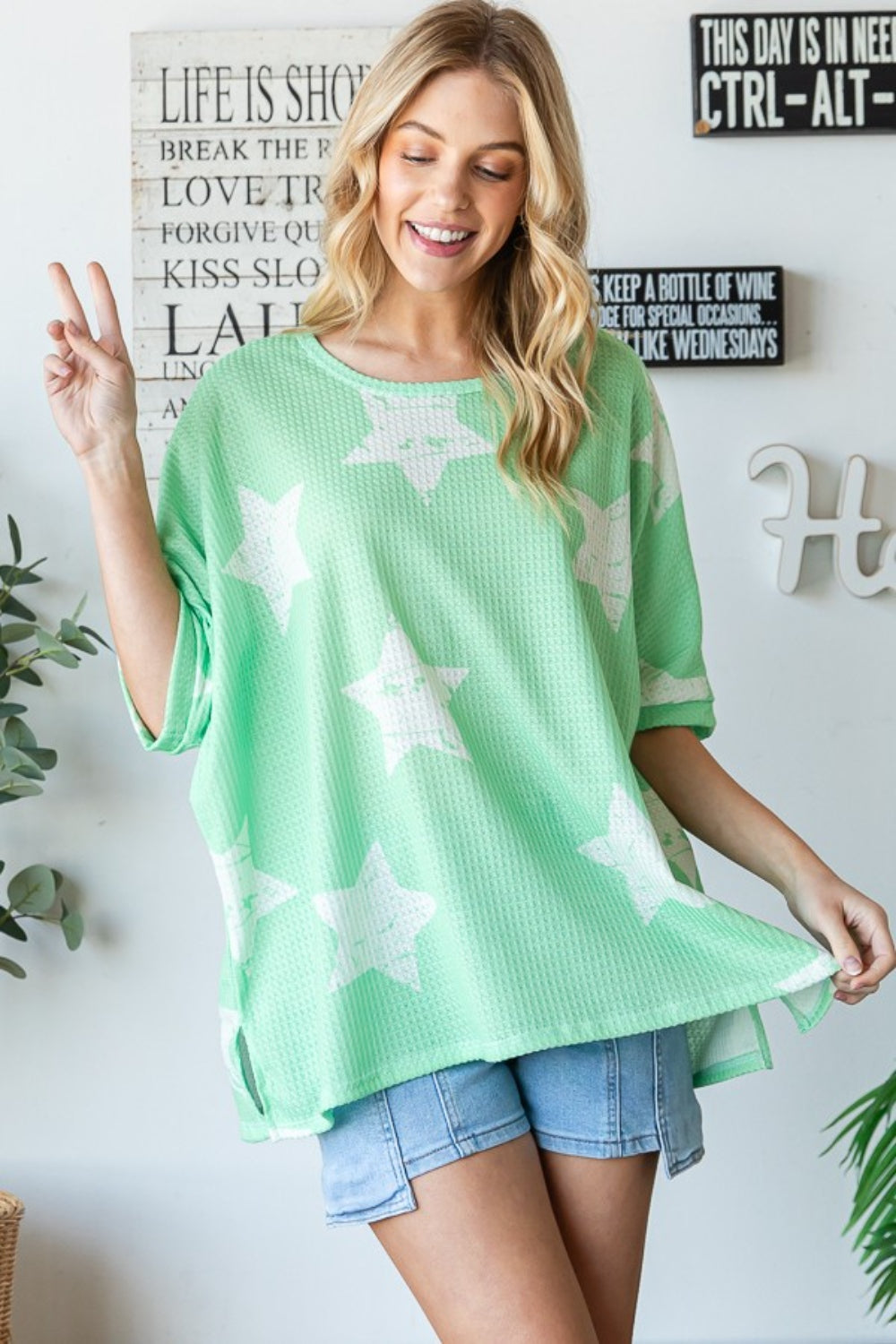 HOPELY Star Pattern Oversized Waffle T-Shirt  Trendsi Light Green S 