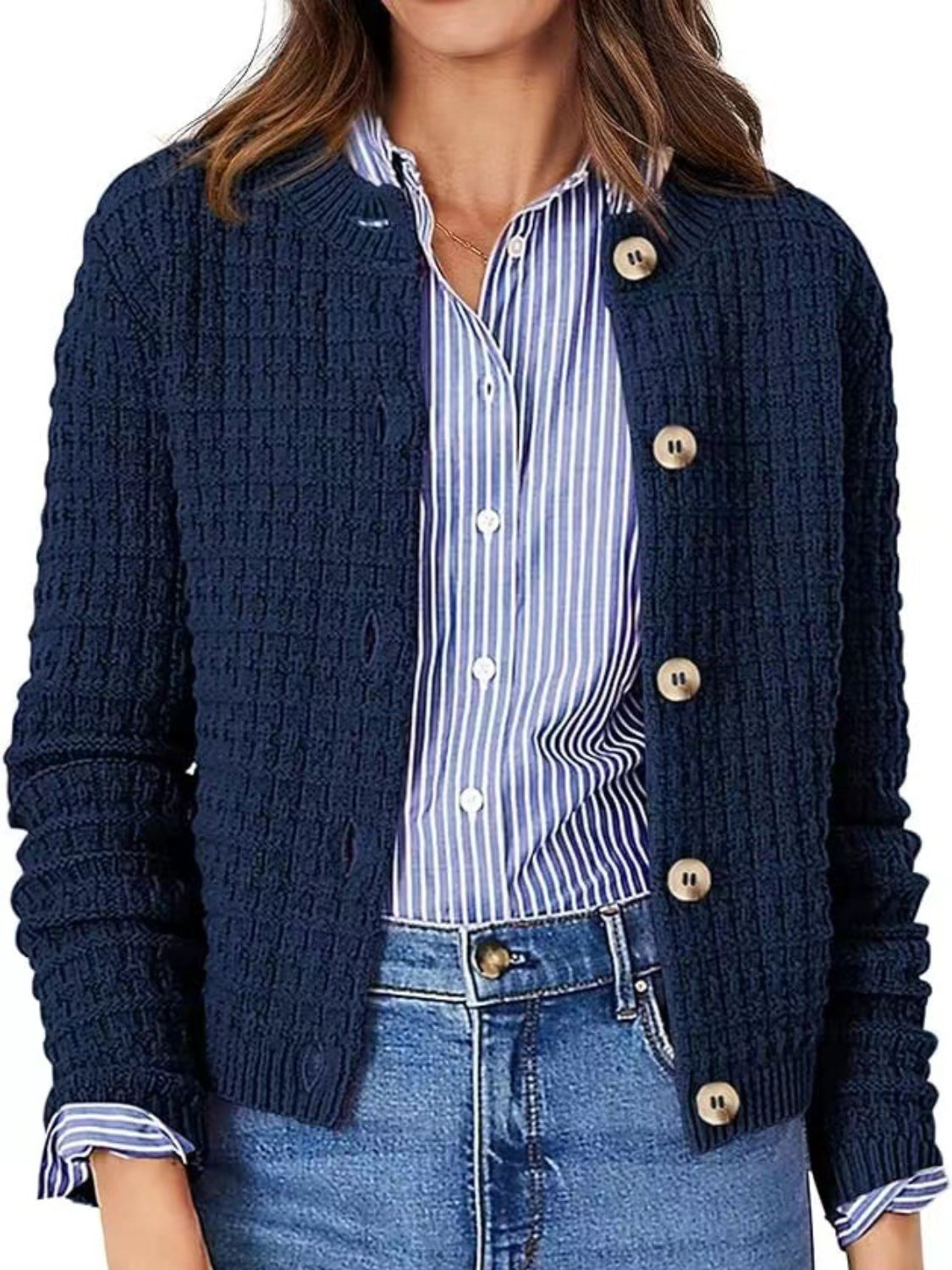 Button Up Round Neck Long Sleeve Cardigan  Trendsi   