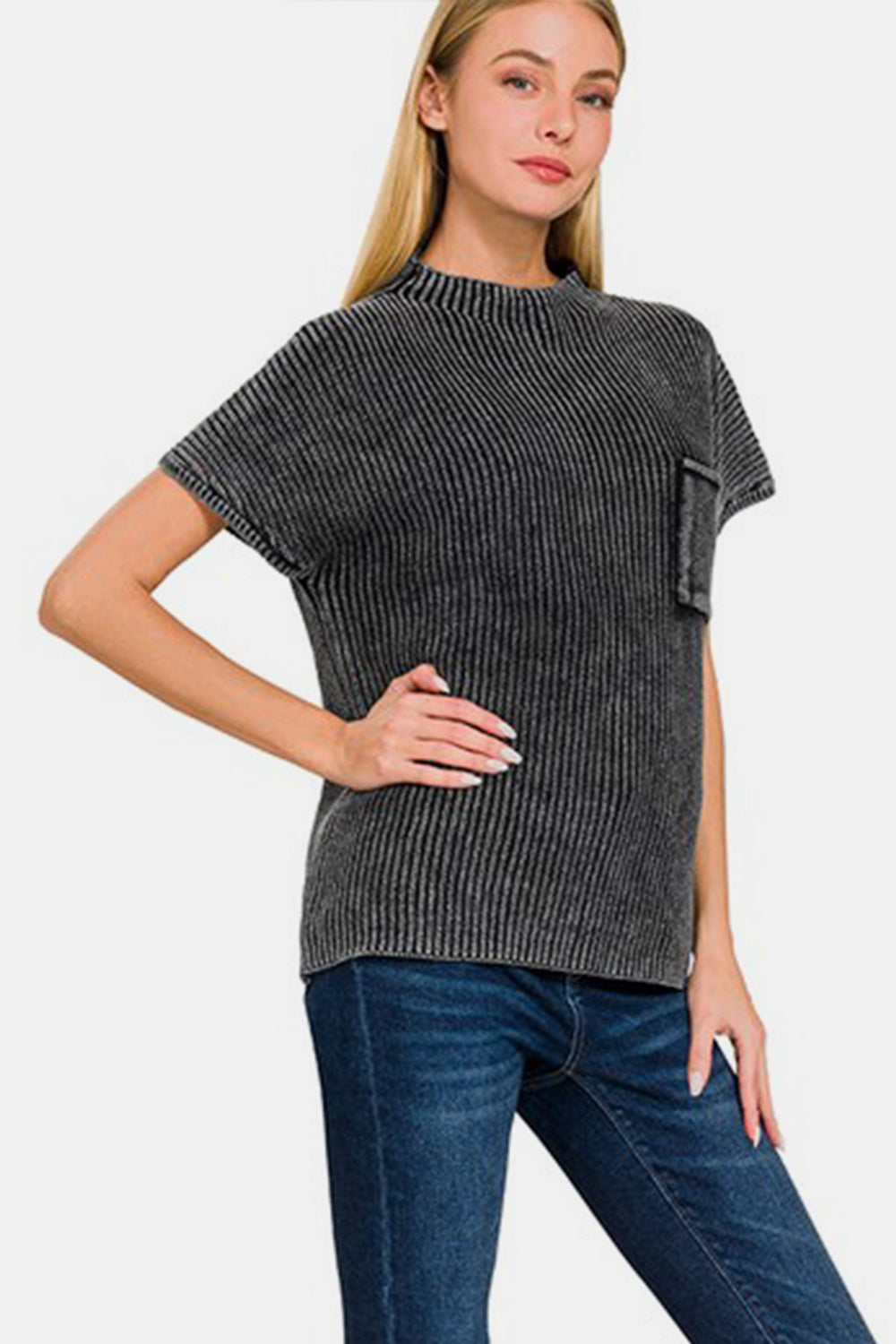 Zenana Pocketed Mock Neck Short Sleeve Sweater  Trendsi   