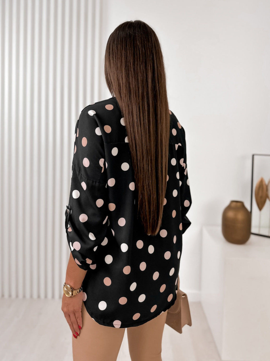 Printed Collared Neck Roll-Tab Sleeve Shirt  Trendsi   