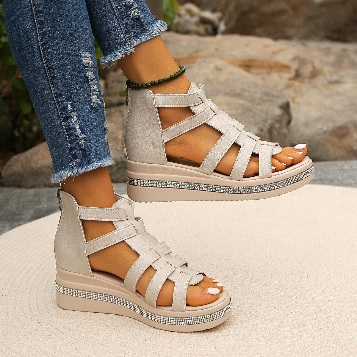 Cutout Rhinestone Trim Wedge Sandals  Trendsi   