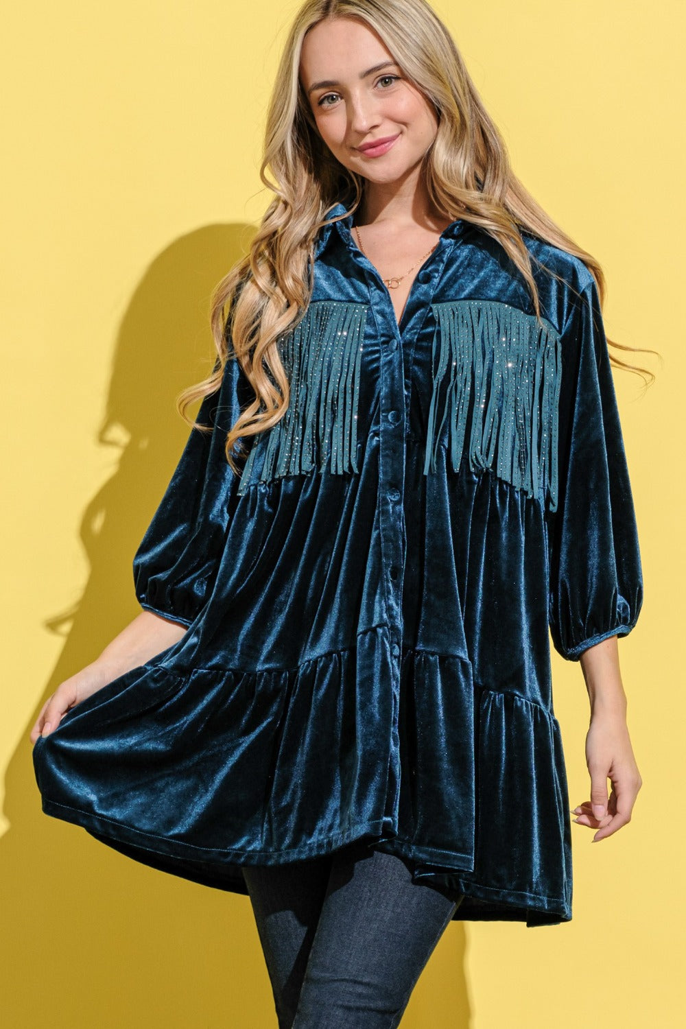 And The Why Fringe Detailed Velvet Shirt Dress Luxe Trendsi Teal S 