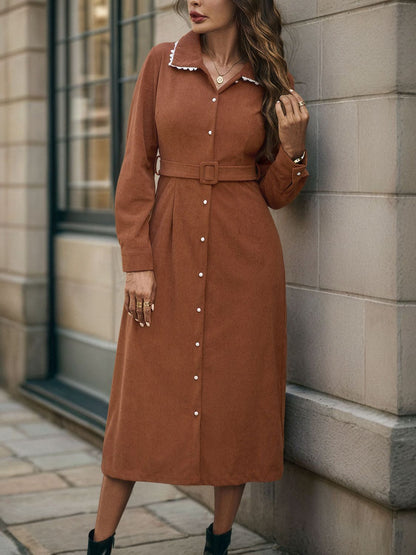 Perfee Lace Detail Collared Neck Long Sleeve Midi Dress  Trendsi   