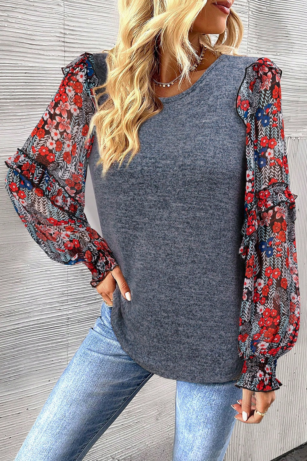 Heathered Floral Frill Lantern Sleeve Blouse Blouse Trendsi Dark Gray S 