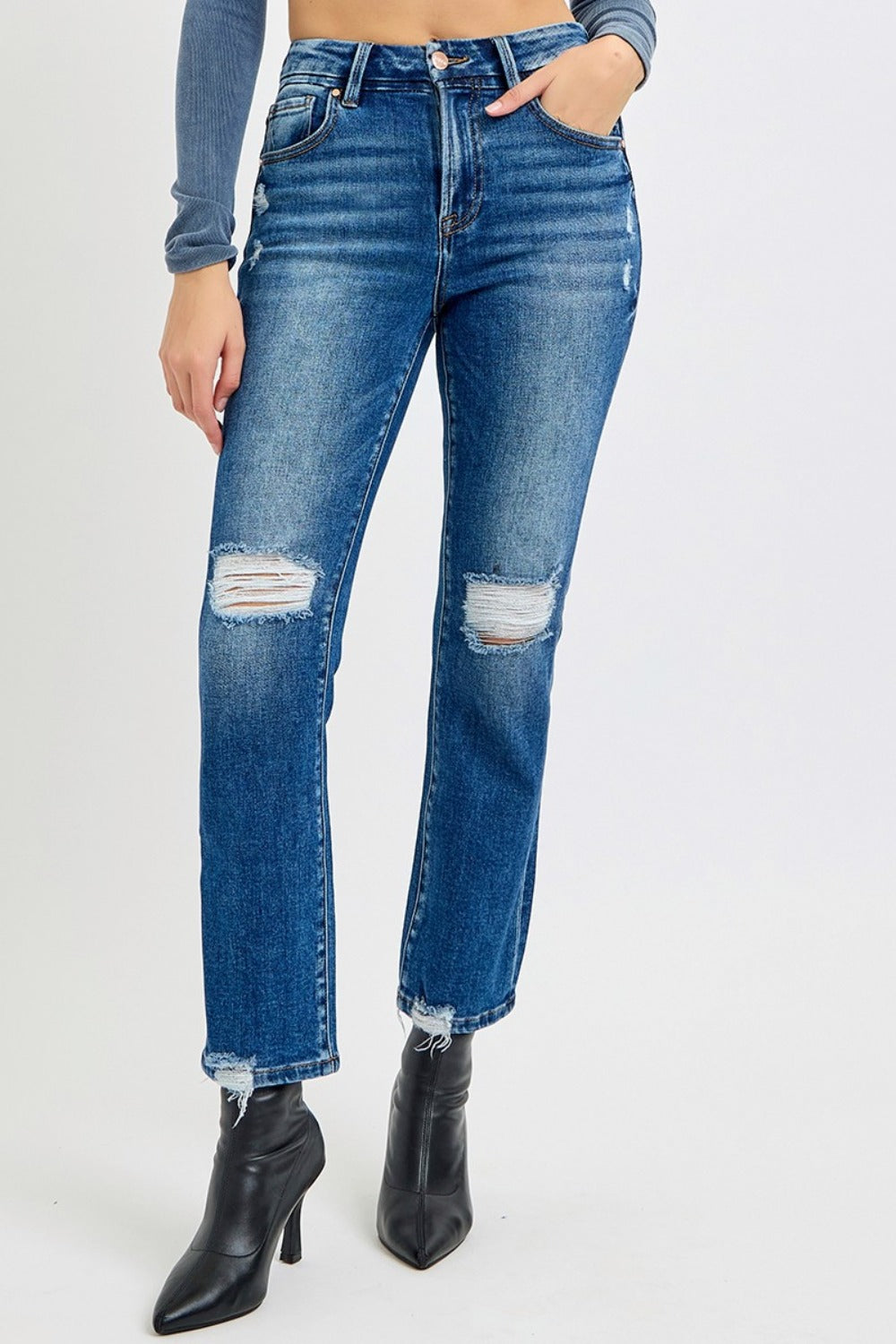 RISEN Full Size High Rise Distressed Crop Straight Jeans  Trendsi   