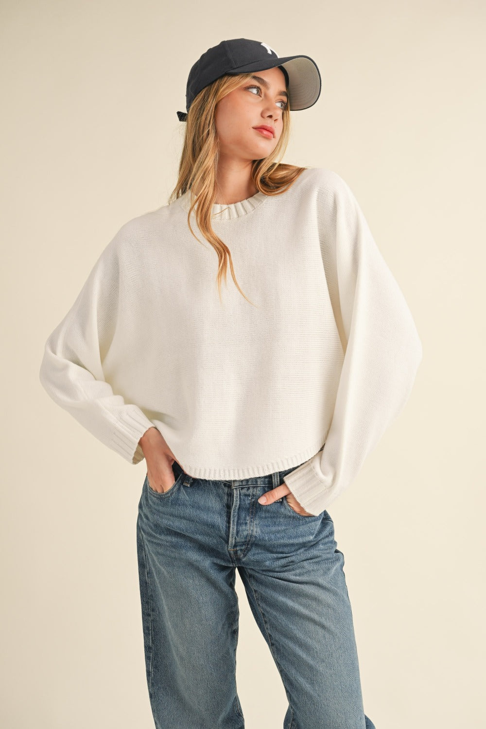 Mable Round Neck Dolman Sleeve Cropped Sweater  Trendsi Off White S 