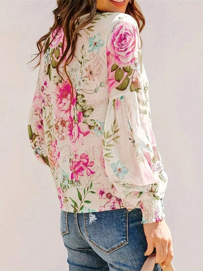 Printed Round Neck Lantern Sleeve Blouse Blouse Trendsi   