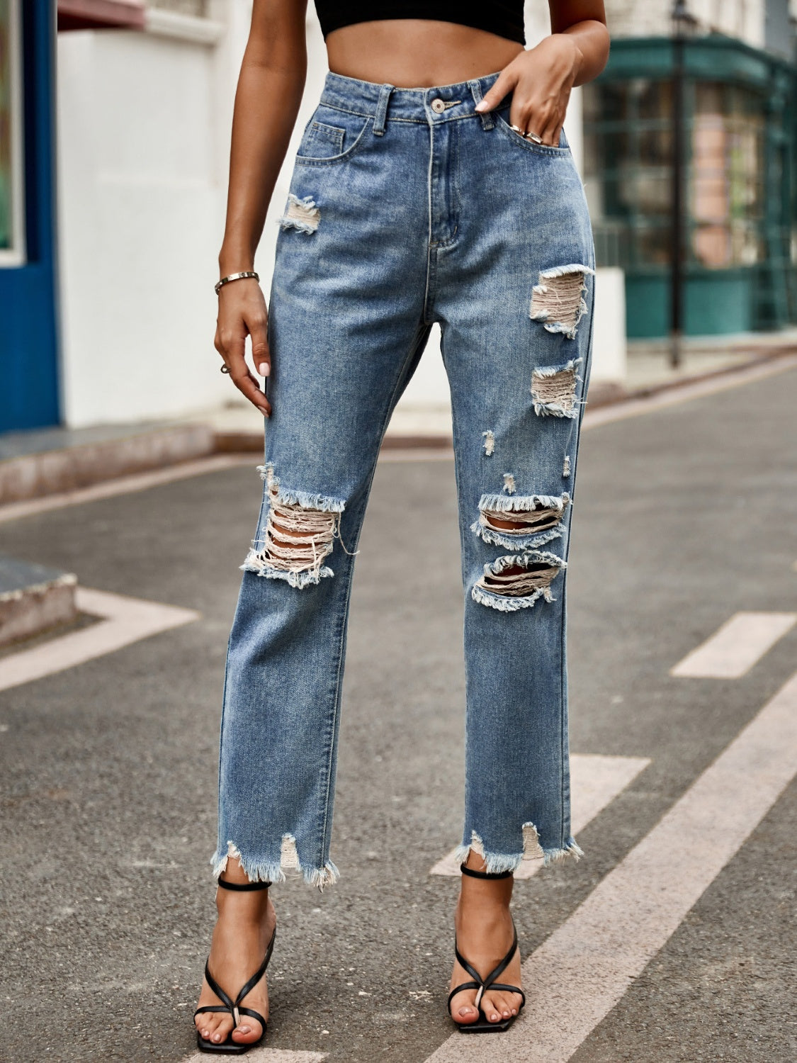 Distressed Raw Hem Jeans with Pockets  Trendsi   