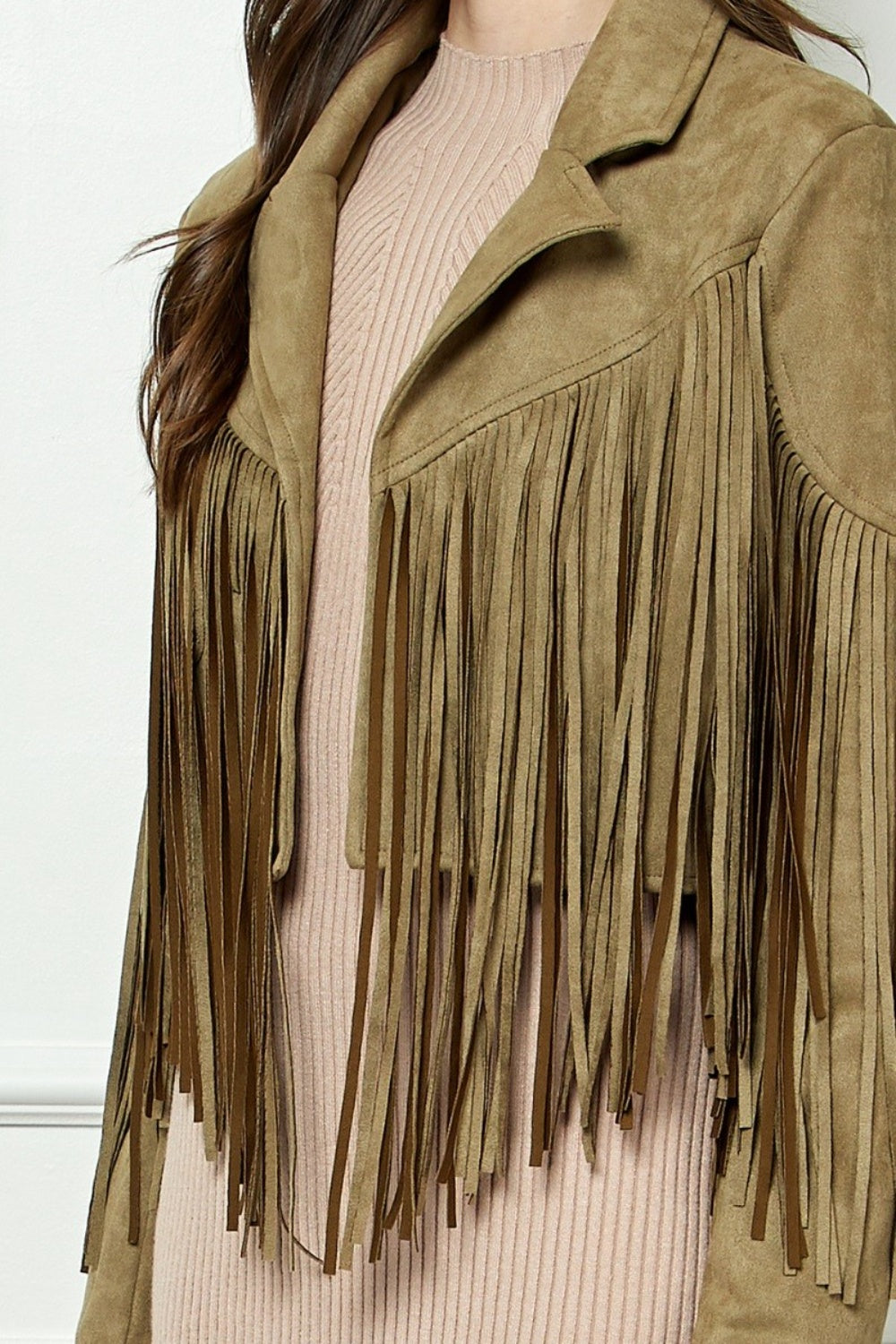 Veveret Suede Fringe Long Sleeve Moto Jacket  Trendsi   