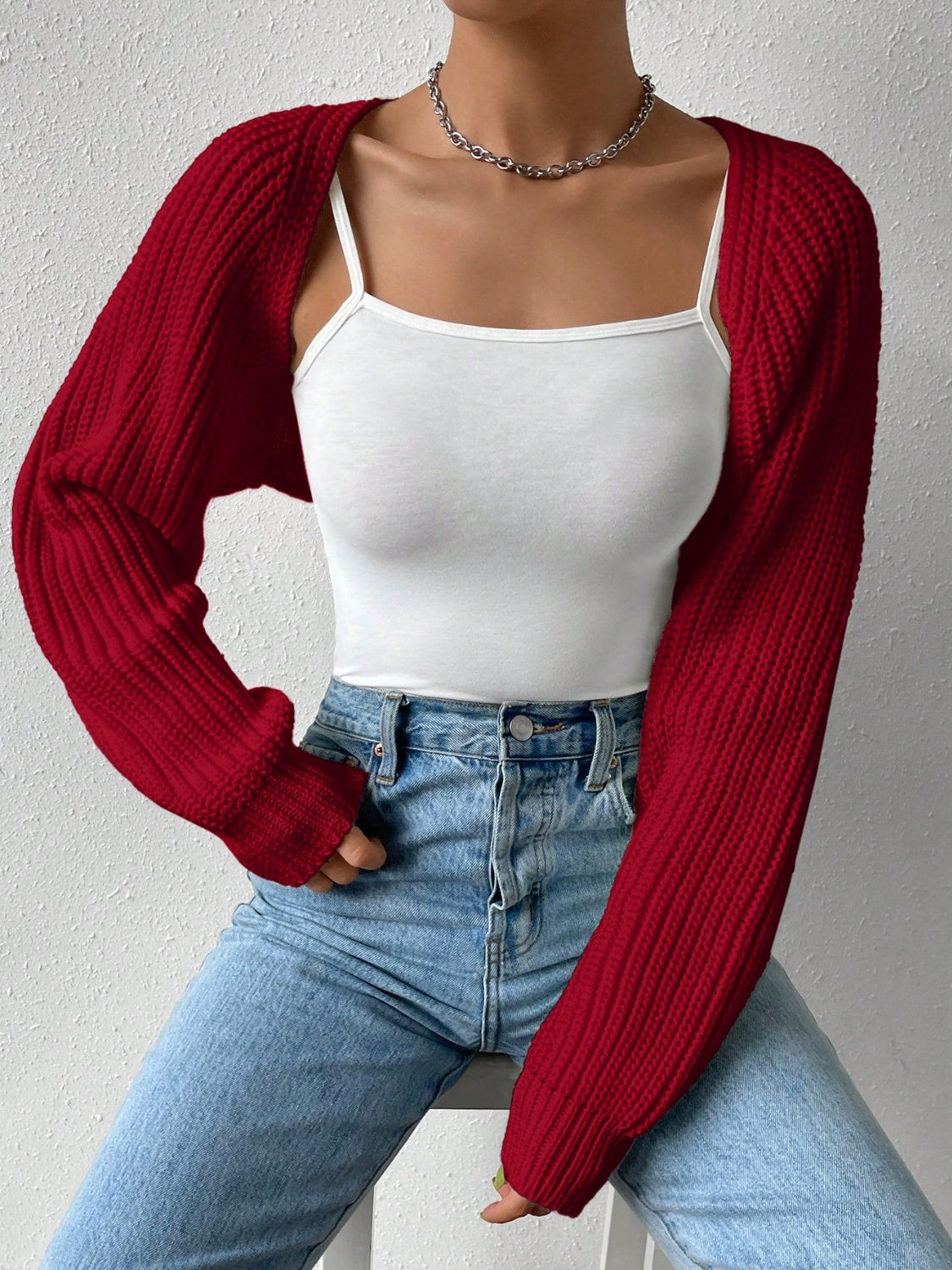 Honey Open Front Long Sleeve Cropped Cardigan  Trendsi Burgundy S 