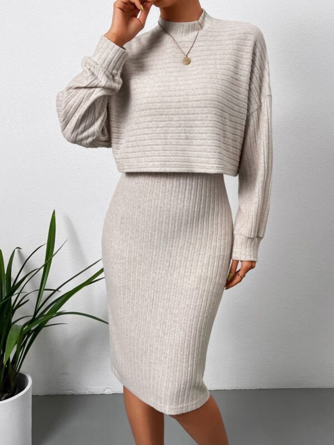 Mock Neck Long Sleeve Top and Wide Strap Dress Set  Trendsi   