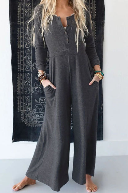 Pocketed Long Sleeve Wide Leg Jumpsuit  Trendsi Dark Gray S 