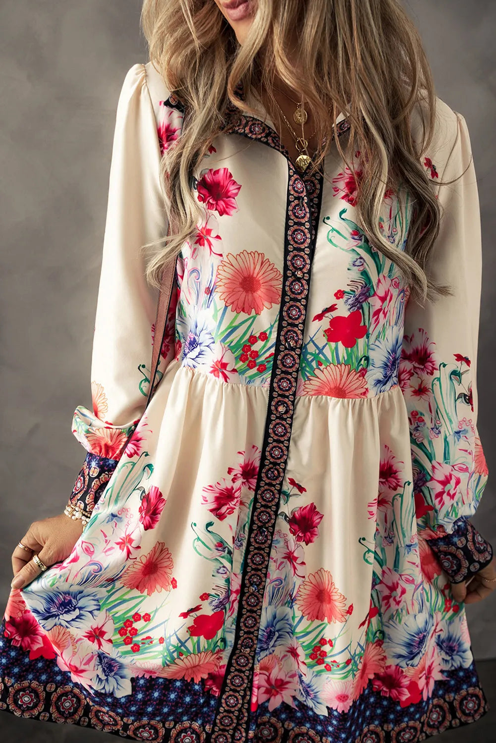 Flower Button Down Lantern Sleeve Dress Dress Trendsi Ivory S 