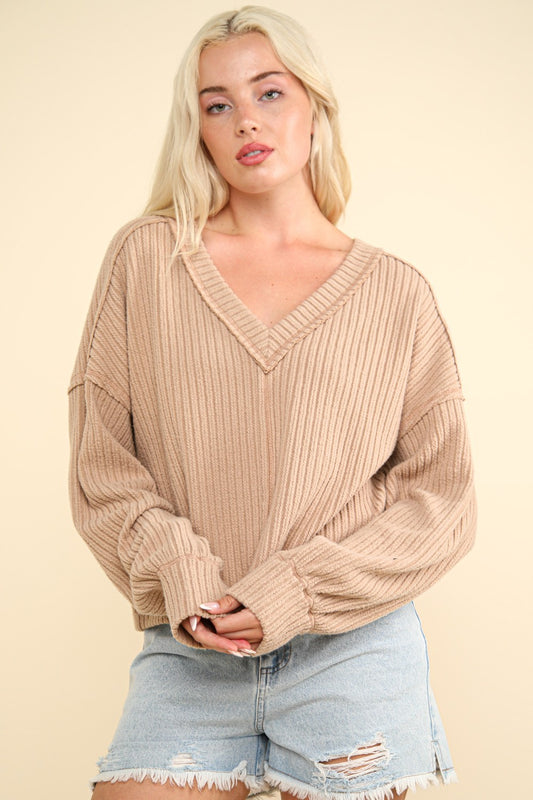 VERY J Exposed Seam V-Neck Ribbed Knit Top Luxe Trendsi Mocha S 