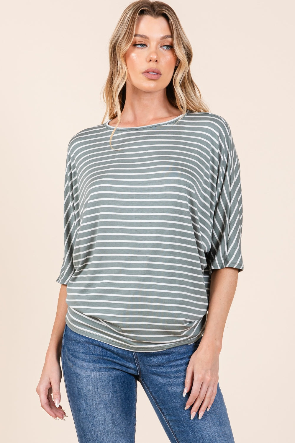 BOMBOM Striped Boat Neck Dolman Sleeve Top  Trendsi   