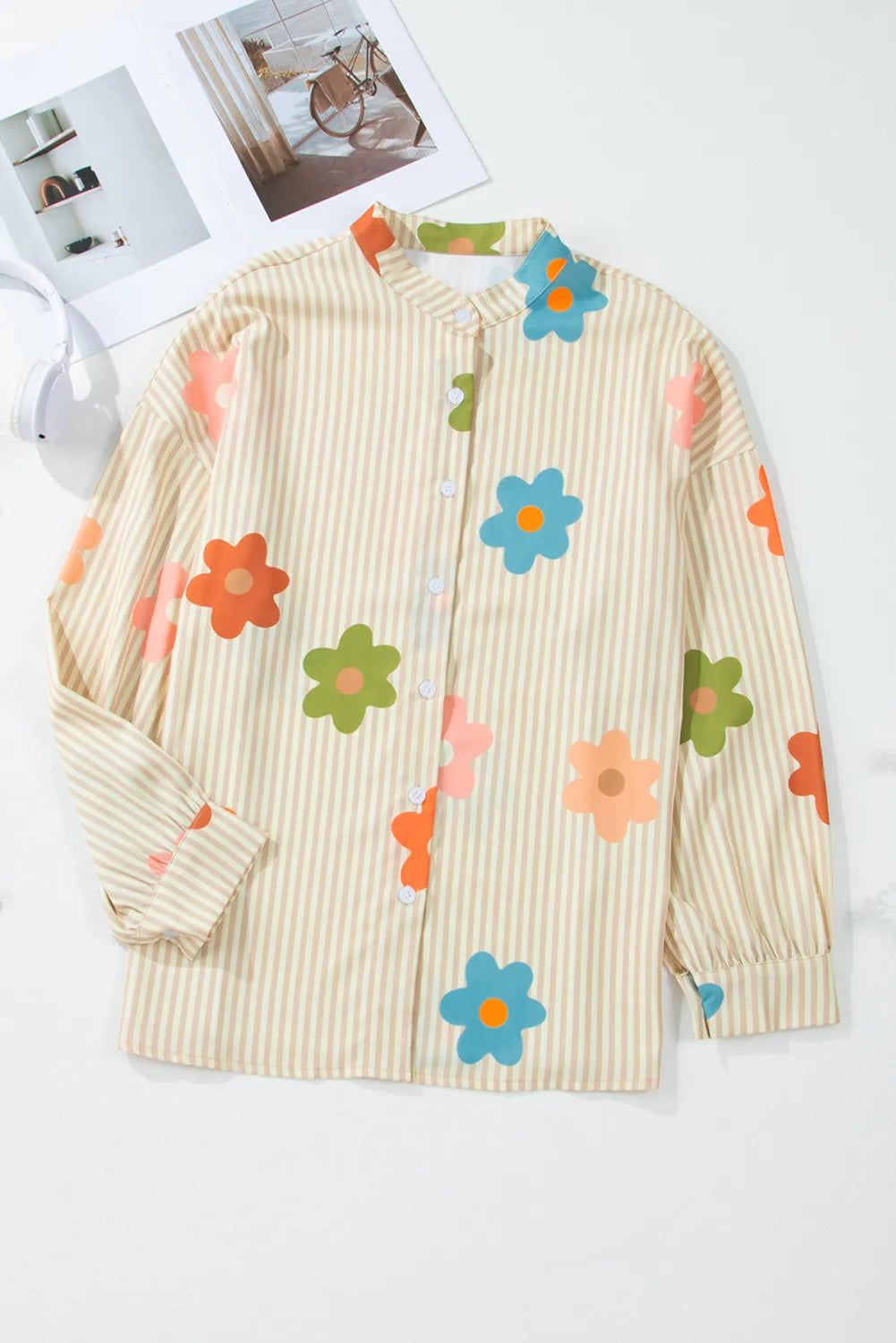 Striped Flower Button Up Long Sleeve Shirt Blouse Trendsi   