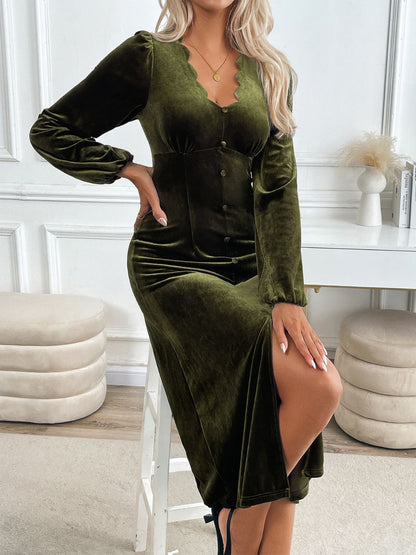 Perfee Slit V-Neck Long Sleeve Midi Dress  Trendsi   