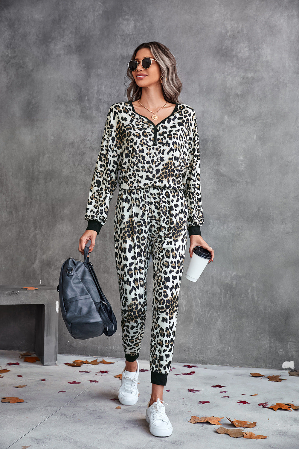 Leopard V-Neck Dropped Shoulder Loungewear Set  Trendsi   