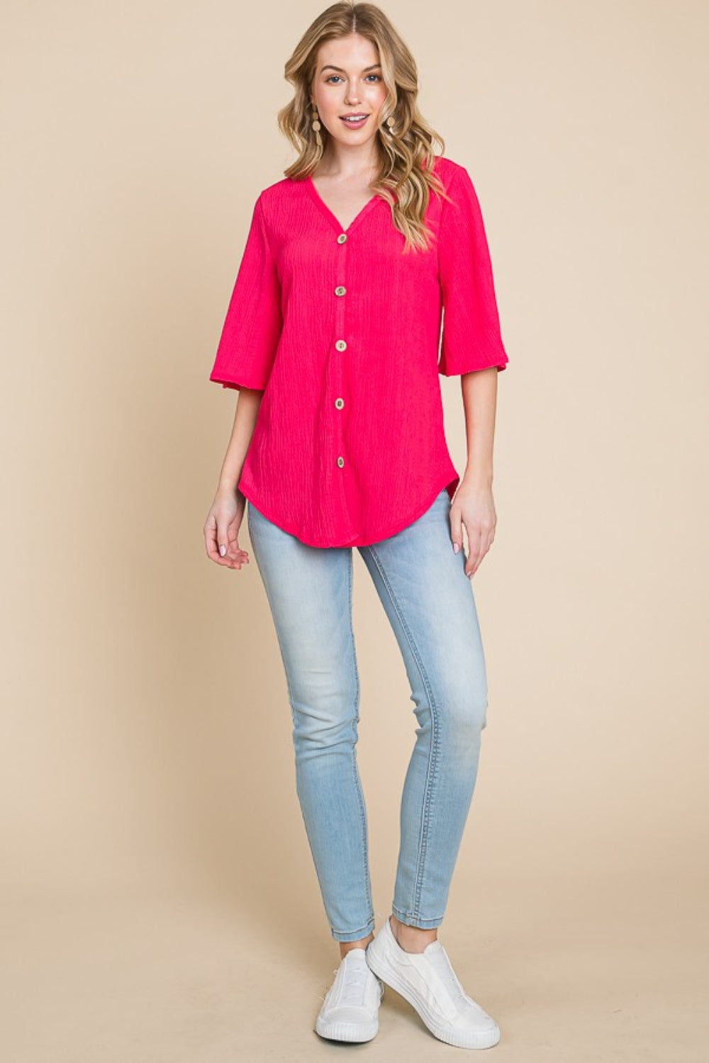 BOMBOM Texture Decorative Button V-Neck Top  Trendsi   