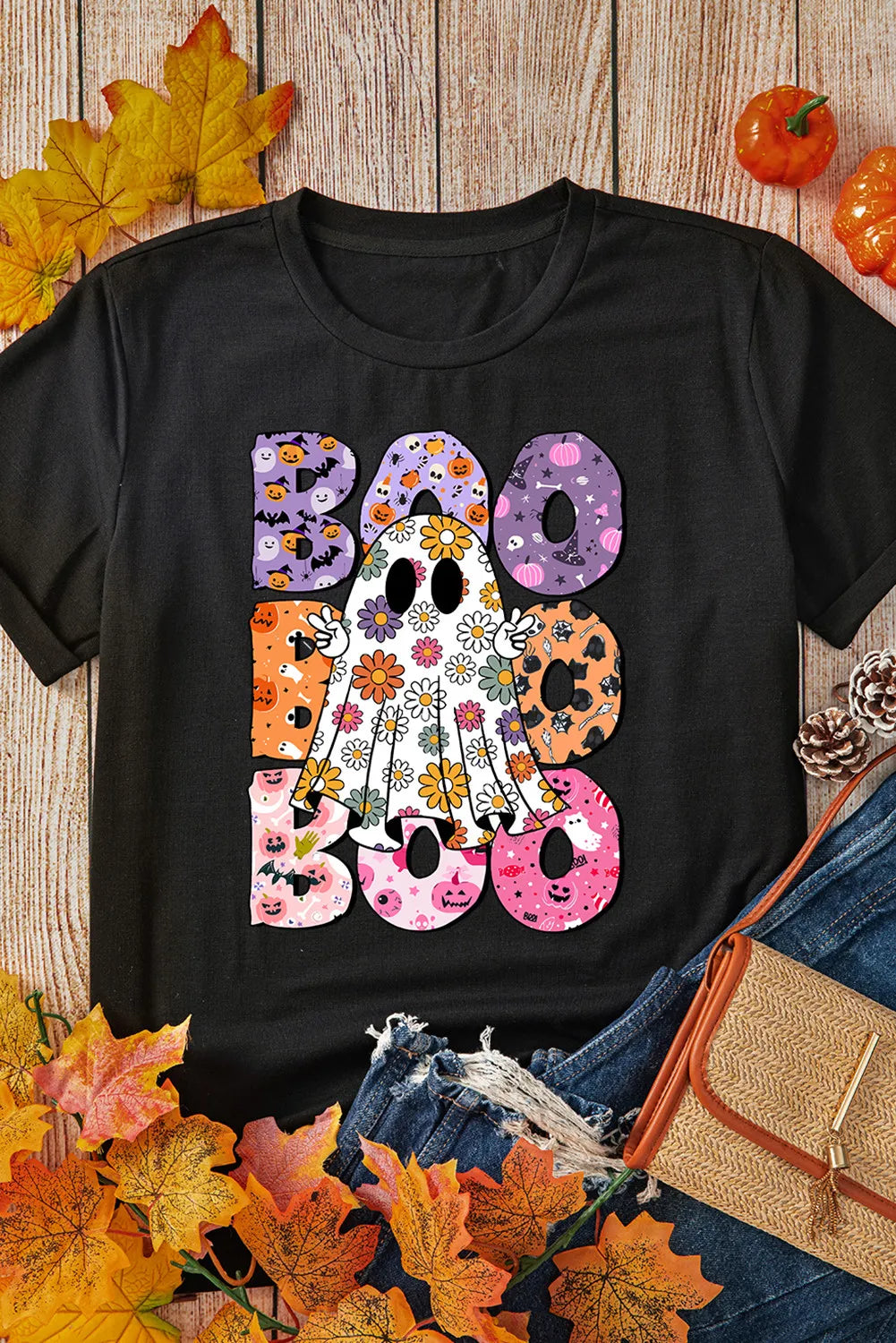 BOO Ghost Graphic Round Neck Short Sleeve T-Shirt T-Shirt Trendsi   