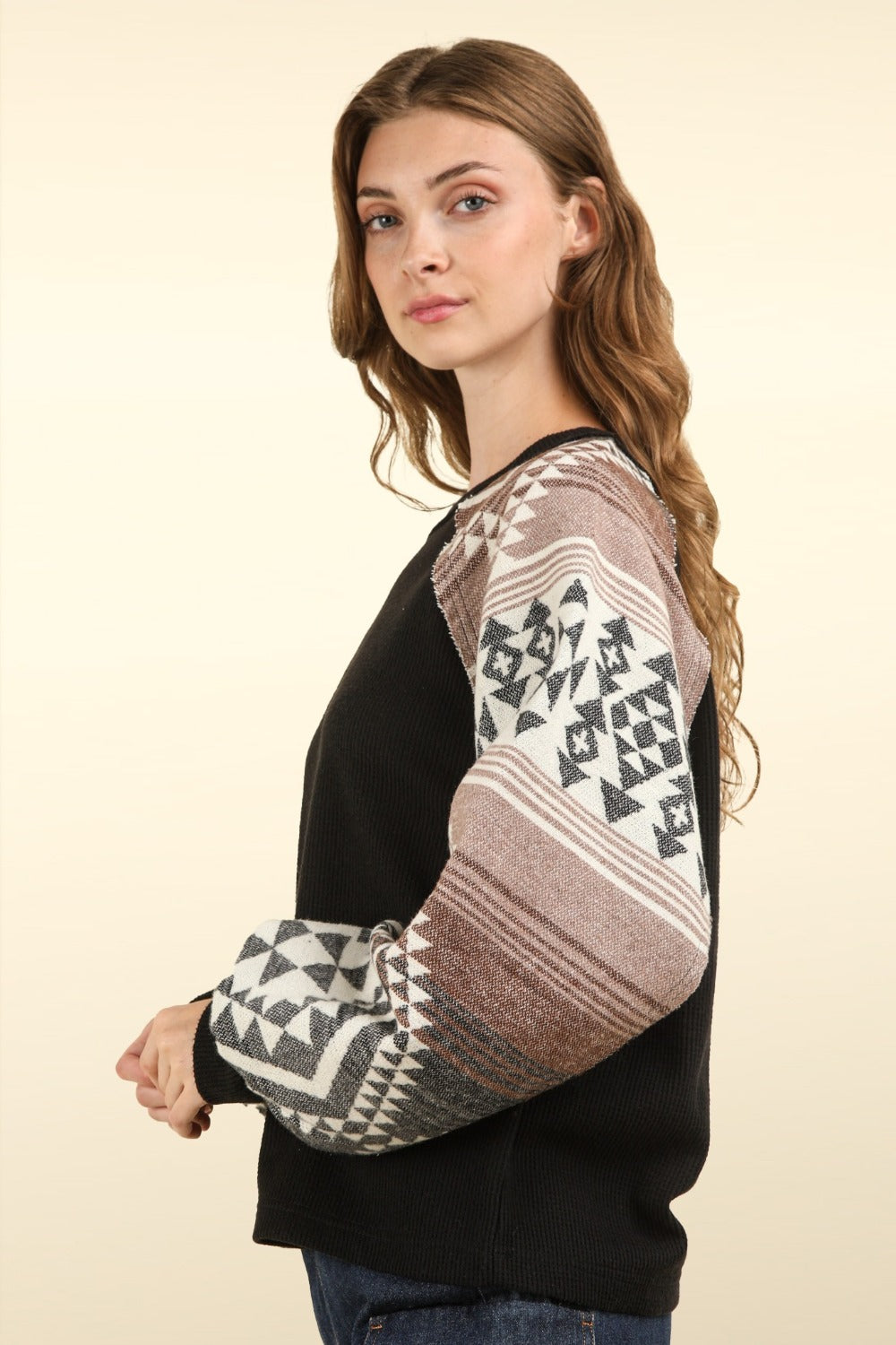 VERY J Printed Long Sleeve Round Neck Knit Top Luxe Trendsi   