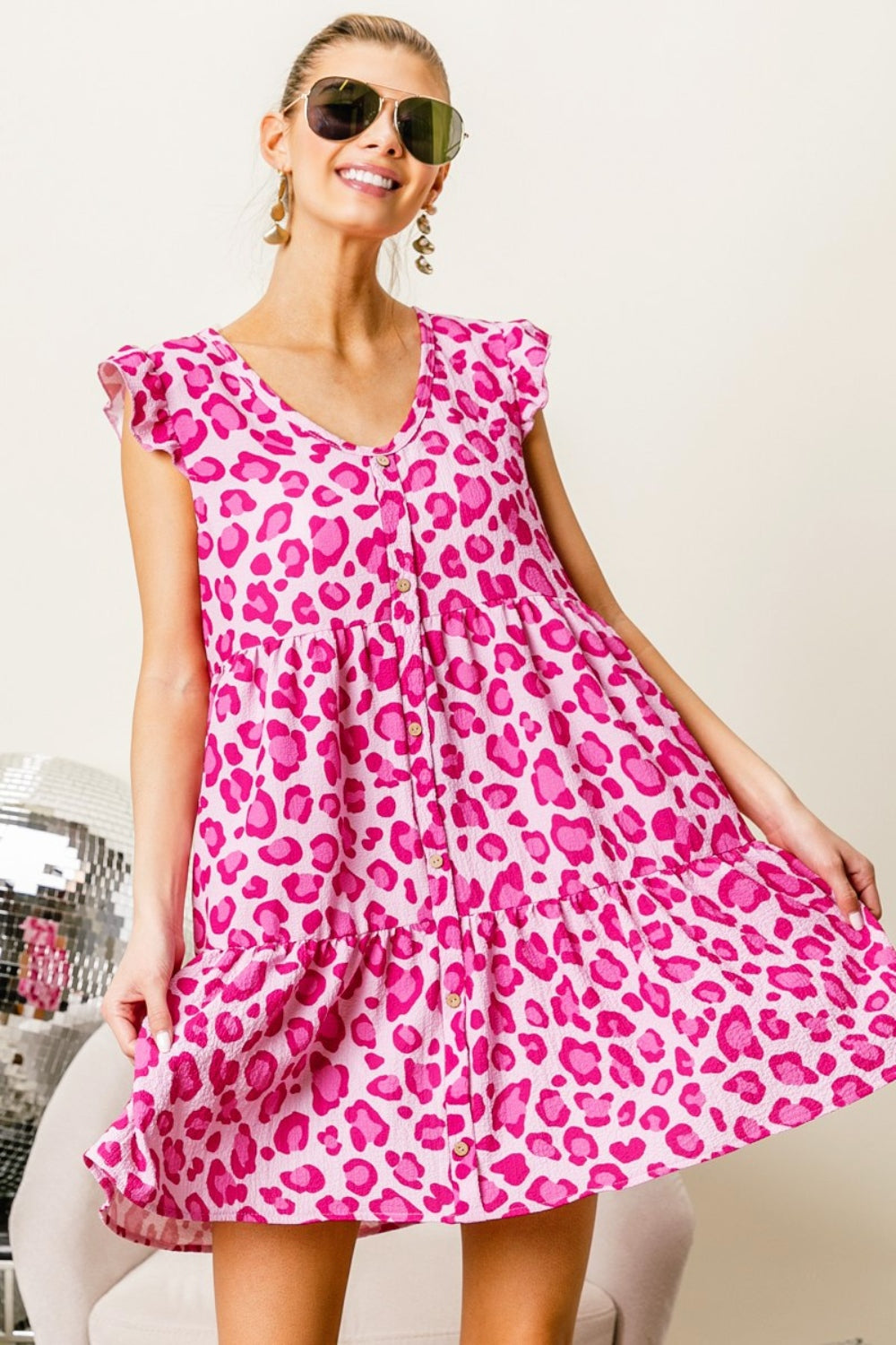 BiBi Leopard Cap Sleeve Tiered Mini Dress  Trendsi Pink/Fuchsia S 