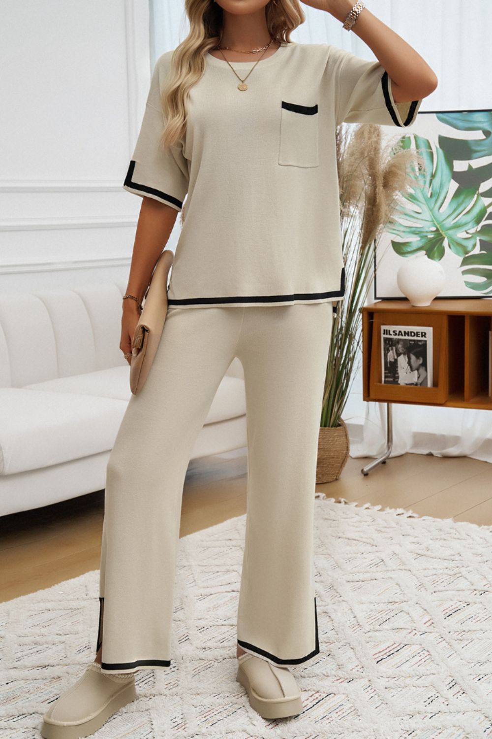 Devine Contrast Trim Half Sleeve Top and Pants Set  Trendsi   