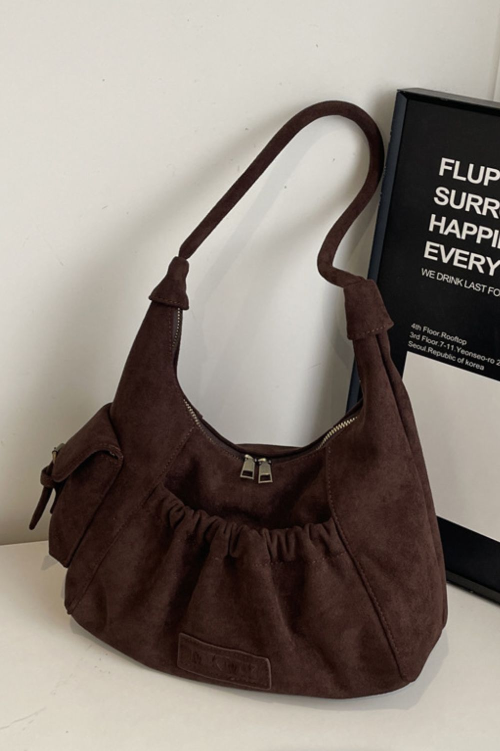 Ruched Suede Handbag with Zipper  Trendsi Coffee Brown One Size 