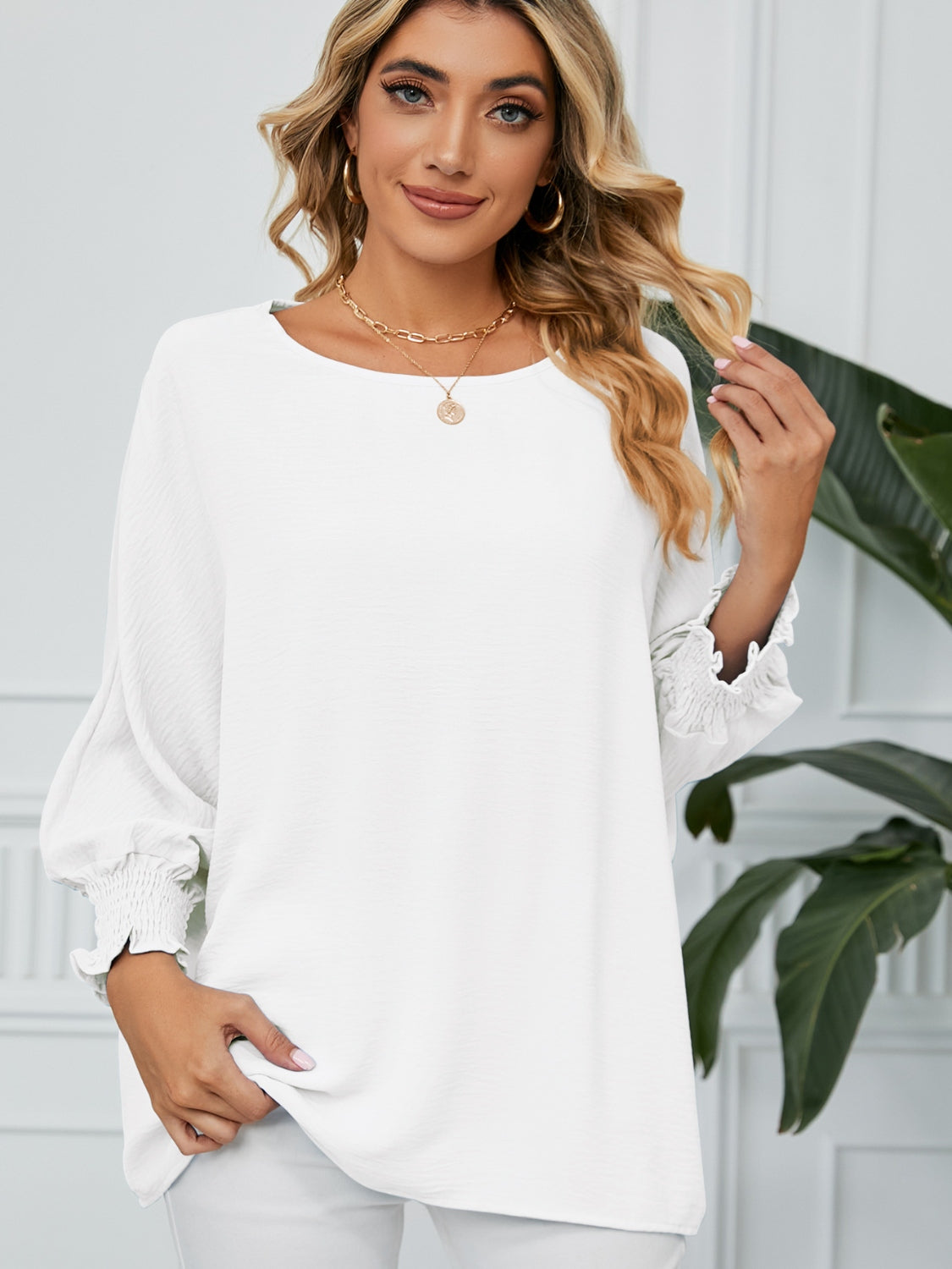 Smocked Lantern Sleeve Round Neck Blouse Blouse Trendsi White S 