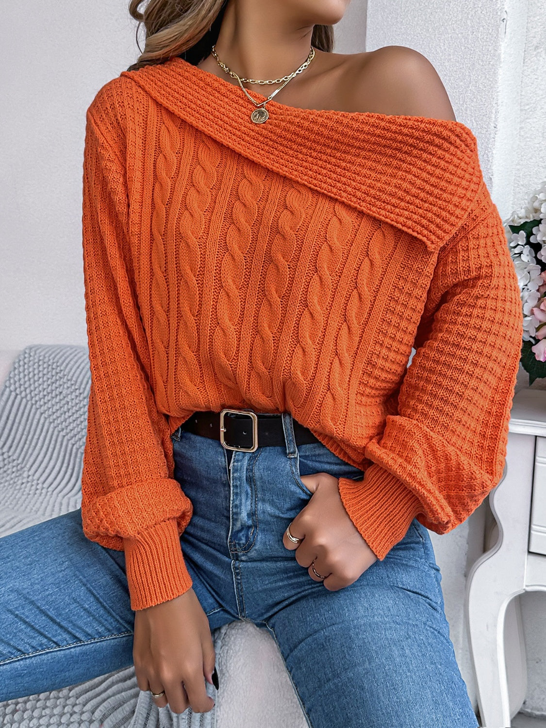 Cable-Knit One Shoulder Long Sleeve Sweater  Trendsi   