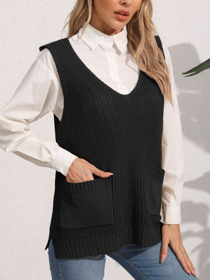 Pocketed V-Neck Sweater Vest  Trendsi Black One Size 