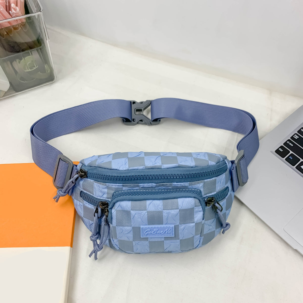 Checkered Adjustable Strap Nylon Crossbody Bag  Trendsi Light Blue One Size 