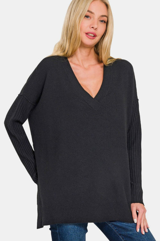 Zenana V-Neck Side Slit High-Low Sweater  Trendsi Black S/M 