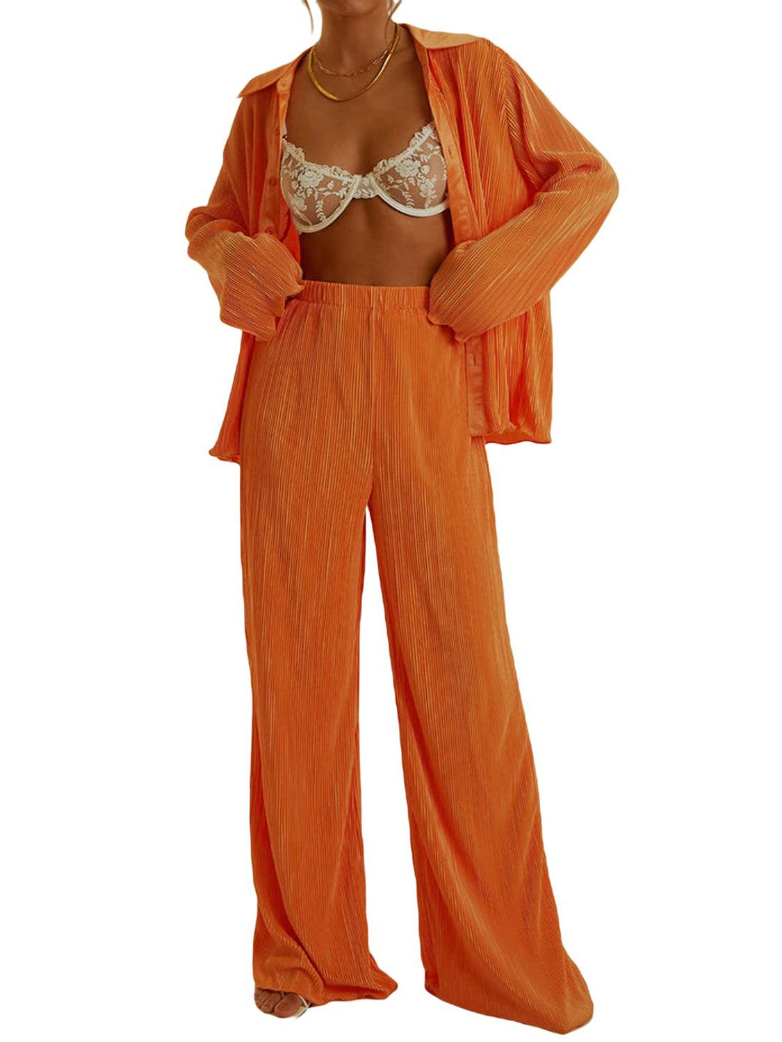 Collared Neck Long Sleeve Top and Pants Lounge Set  Trendsi   