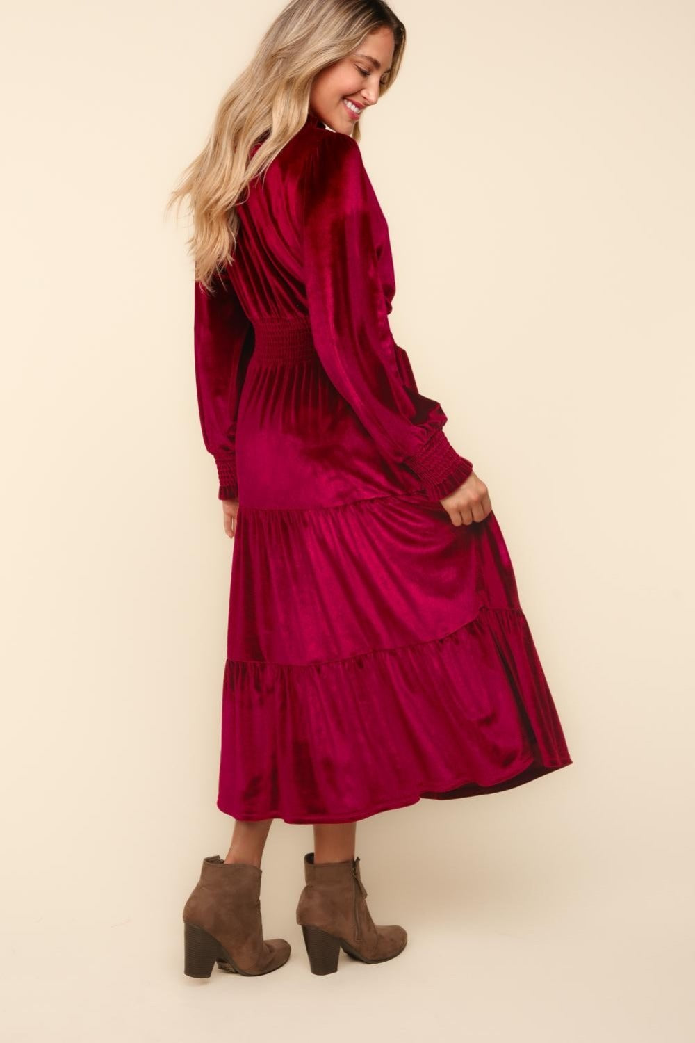 Haptics Mock Neck Smocked Waist Velvet Tiered Dress  Trendsi   