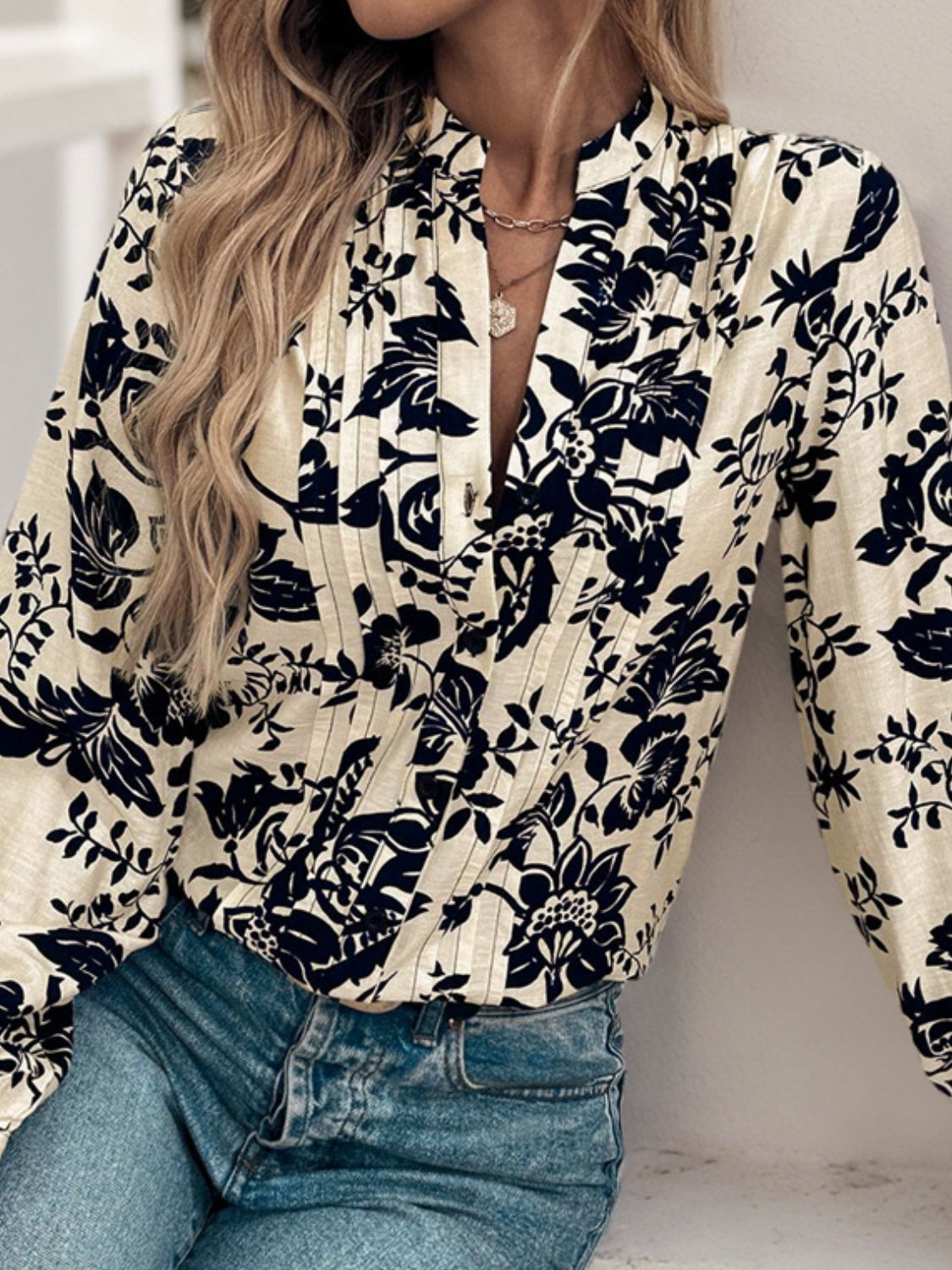 Perfee Printed Notched Long Sleeve Shirt  Trendsi   