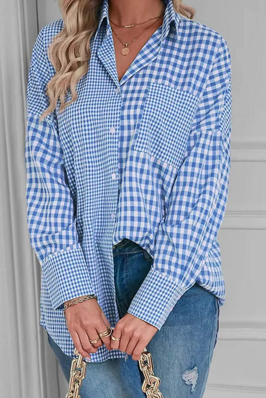 Pocketed Plaid Collared Neck Long Sleeve Shirt Blouse Trendsi Light Blue S 