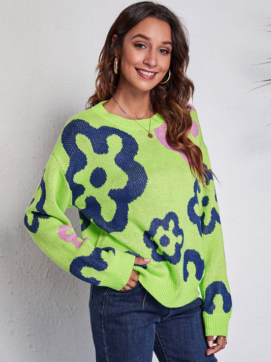 Flower Pattern Round Neck Long Sleeve Sweater  Trendsi Light Green S 