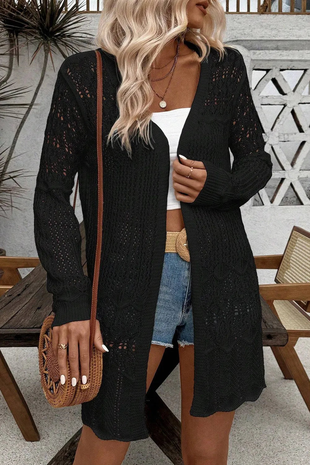 Openwork Open Front Long Sleeve Cardigan  Trendsi   