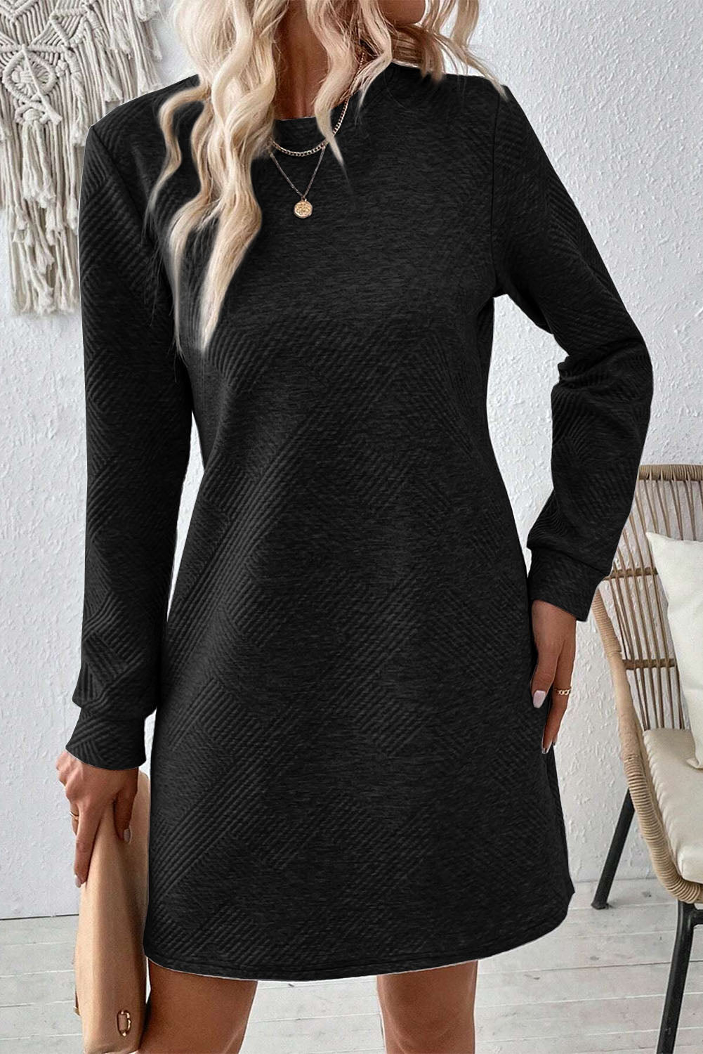 Textured Round Neck Long Sleeve Mini Dress Dress Trendsi Black S 