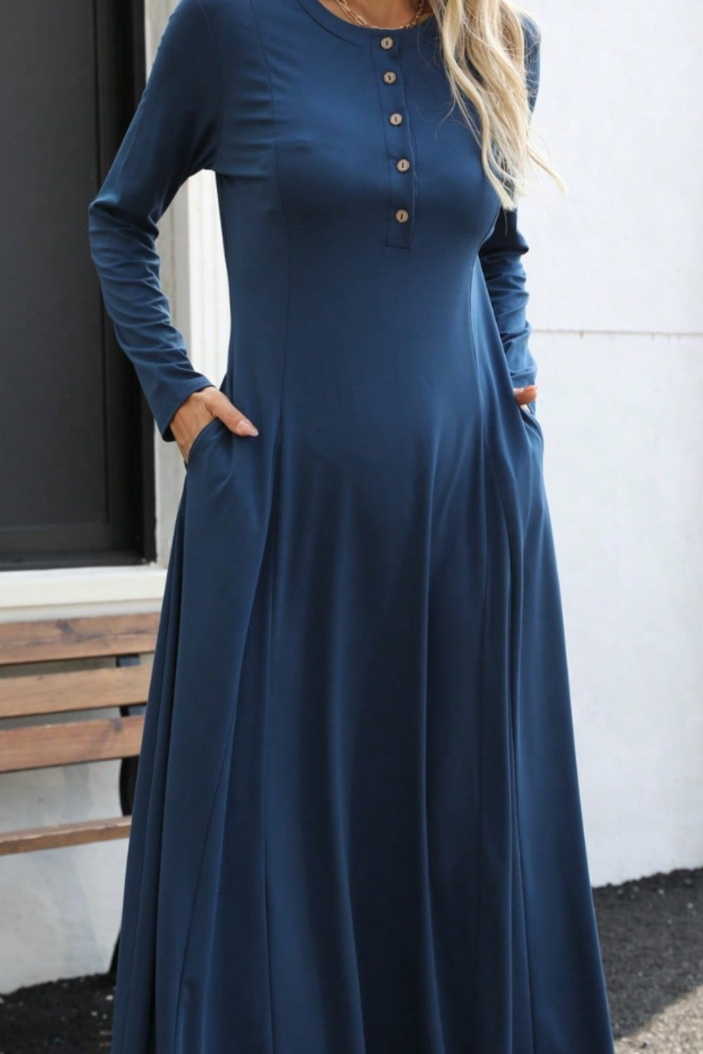 Round Neck Long Sleeve Maxi Dress with Pockets  Trendsi   