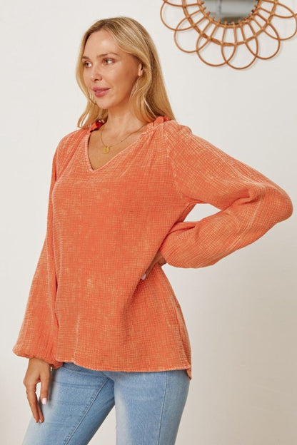 Frill V-Neck Balloon Sleeve Blouse Blouse Trendsi   